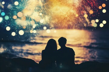 Couple enjoys a dazzling fireworks display on a tranquil beach under a starlit sky. Generative AI
