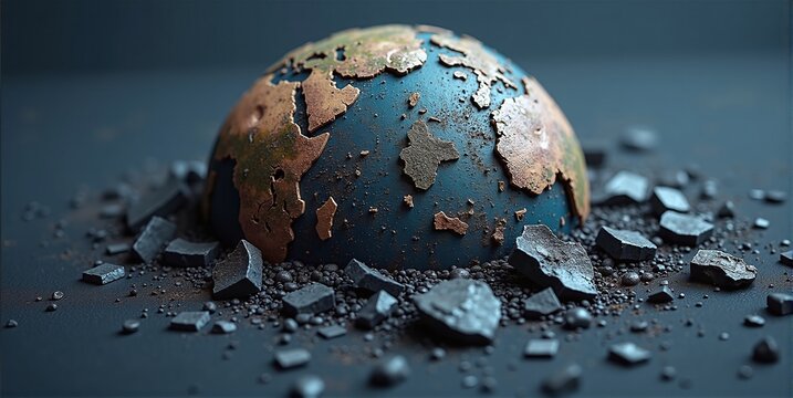 A freestanding globe, shattered and broken, stands alone. Earth's fragmented pieces reveal a world in disarray, symbolizing global crisis