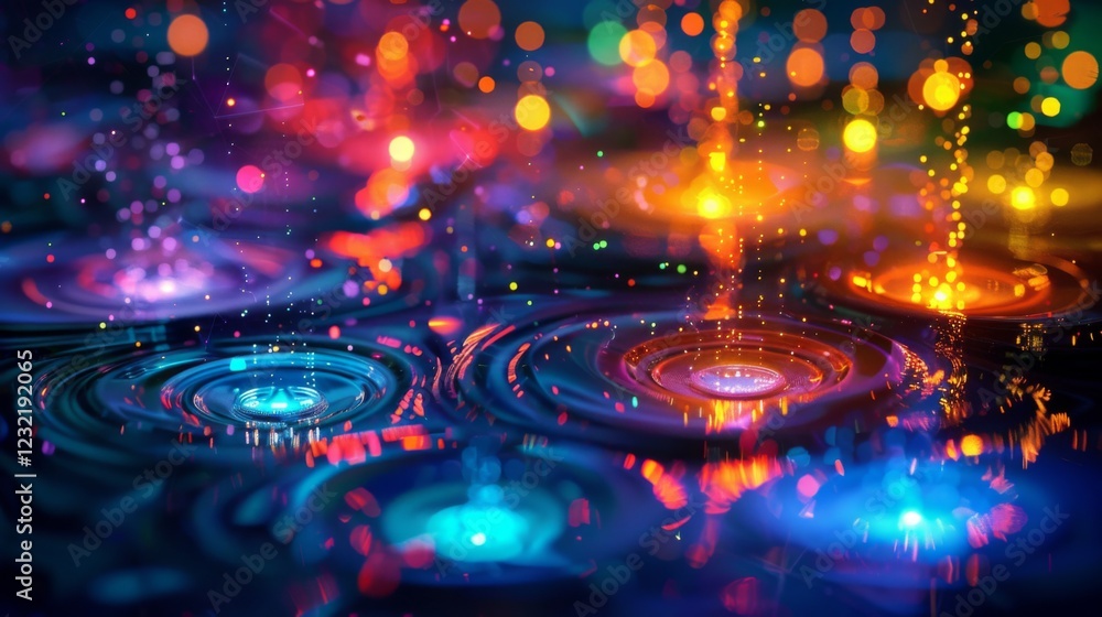 Aufkleber Brightly colored droplets fall into a pool of water, creating ripples and reflections of light in a captivating display that evokes a sense of wonder and tranquility.