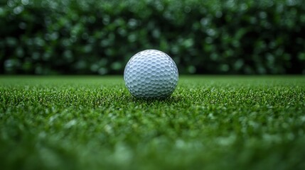 Obraz premium White golf ball nestled on verdant grass, blurred fairway backdrop highlighting pristine sporting equipment ready for play