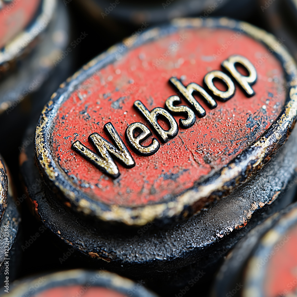 Poster close-up of rustic webshop button with weathered red texture