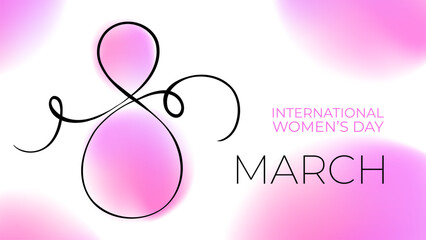 March 8 festive banner for International Women's Day holiday greetings. Soft color gradients and black hand drawn line. Vector illustration.
