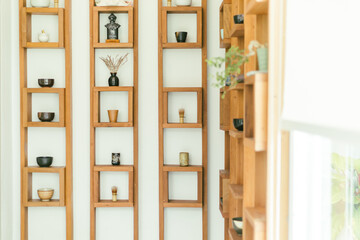 Close up handmade bowl ceramic on shelves
