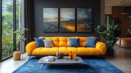 Modern yellow sofa in a stylish living room with blue accents and landscape art.