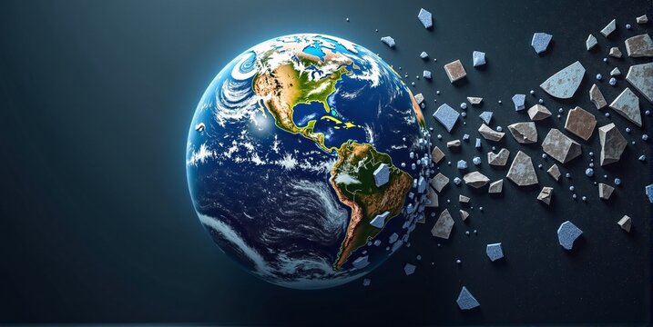 A freestanding globe, shattered and broken, stands alone. Earth's fragmented pieces reveal a world in disarray, symbolizing global crisis
