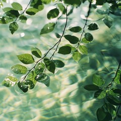 Lush green leaves float on clear, rippling water.