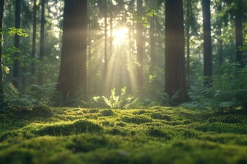 Obraz premium Sunlight filters through tall trees in a tranquil forest setting at dawn