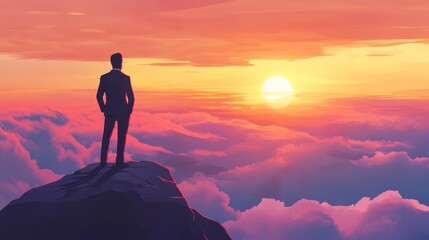 Obraz premium Businessman standing on mountain peak above clouds watching beautiful sunset, concept of success, achievement and future vision