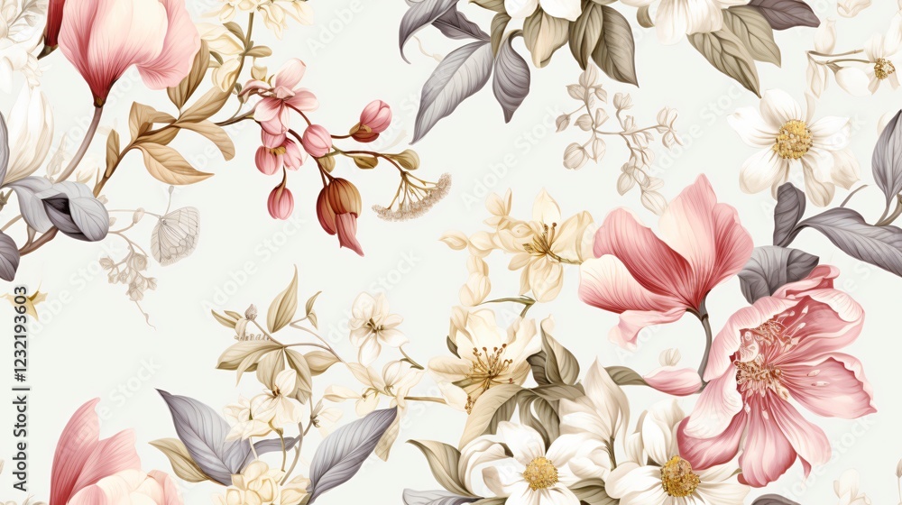 Poster plants and flower with summer seamless pattern background concept. elegant floral pattern on soft ba