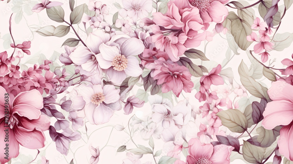Poster plants and flower with summer seamless pattern background concept. beautiful floral pattern with sof