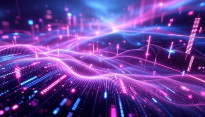 Fototapeta premium Futuristic digital landscape with vibrant pink and blue neon waves