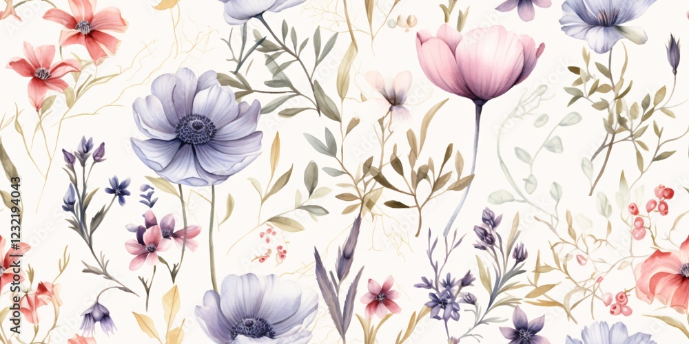 Poster Plants and Flower with Summer Seamless Pattern Background Concept. Elegant Floral Pattern with Soft Color Palette and Detail
