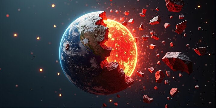 A freestanding globe, shattered and broken, stands alone. Earth's fragmented pieces reveal a world in disarray, symbolizing global crisis