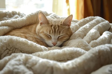 Obraz premium peaceful cat lounging on plush textured blanket, soft natural window light, cozy home setting, selective focus on whiskers and relaxed expression
