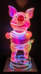 Translucent pig sculpture glowing under multicolored neon lights, highlighting sculptural form with vibrant illumination