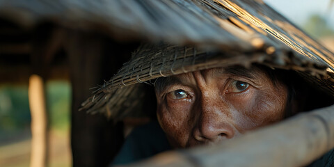 Close-up Portrait: Elderly Person with Woven Hat and Bamboo