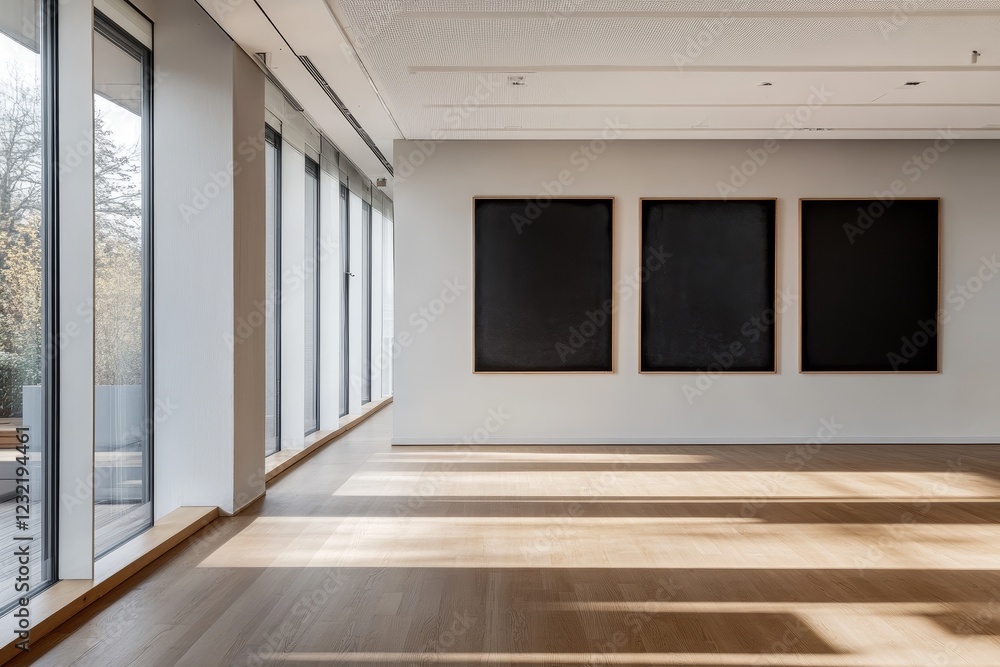 Poster modern empty office space with large windows and three blank frames on the wall.