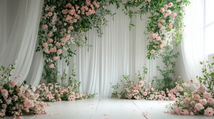 Elegant Wedding Backdrop with Beautiful Pink Flowers and Lush Greenery for Romantic Event Decorations and Stunning Photography Opportunities