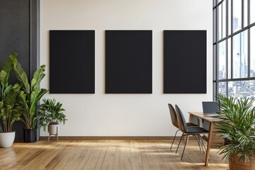 Modern office interior with three blank canvases, wooden desk, chairs, plants, and large window.