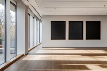 Modern empty office space with large windows and three blank frames on the wall.