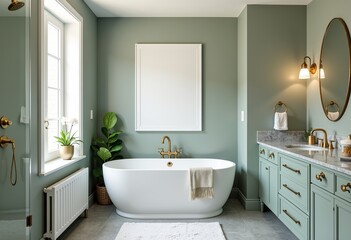 モダンなセージグリーンのバスルーム：大理石のベンチトップ、ゴールドのアクセント、白いバスタブ、フローティングキャンバスアート、シャワー＆シンクのレイアウト、ミニマリストデザイン、穏やかな空間、現代的なスタイル、クリーンなライン。
