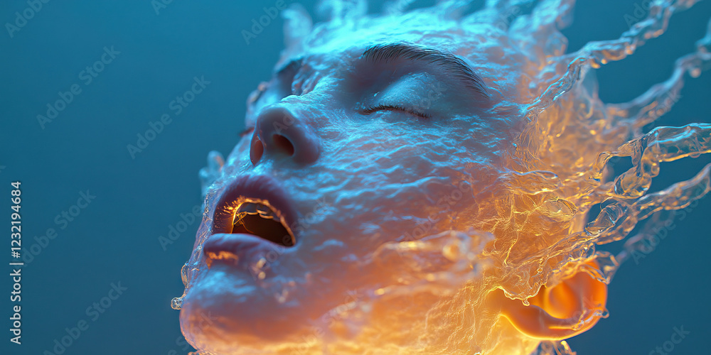 Poster digital rendering of human face submerged in translucent liquid