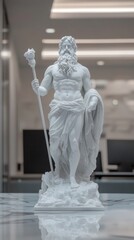 Obraz premium Plaster replica of Poseidon, greek god of sea, holding trident, standing on marble table in modern office