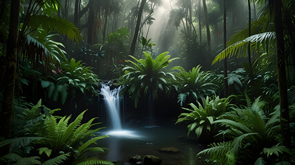Naklejka premium Tranquil Oasis in the Heart of the Jungle with a Serene Stream Flowing Through Lush Vegetation