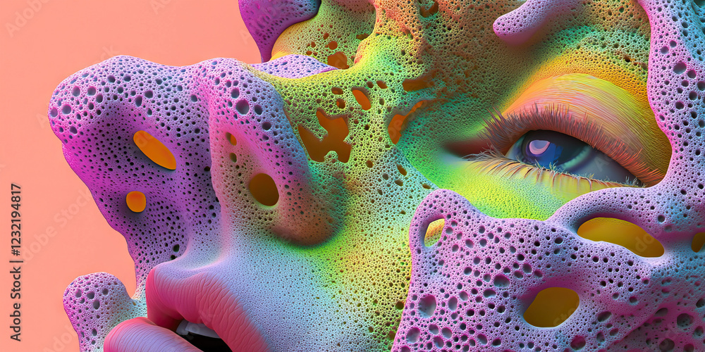 Poster digital render: porous structure partially obscuring a face