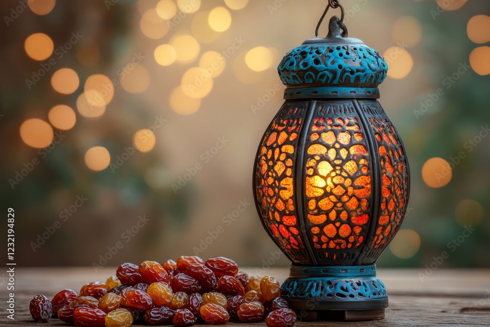 Poster a lit lantern sits on a wooden table next to a pile of dates. the background is blurred with warm li