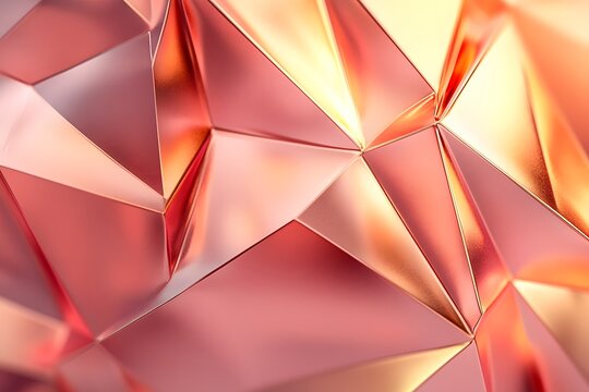 Rose Gold Abstract: A mesmerizing, close-up shot of a rose gold geometric abstract design with soft, luminous reflections. The metallic surface is crafted from a myriad of angular shapes. - Powered by Adobe