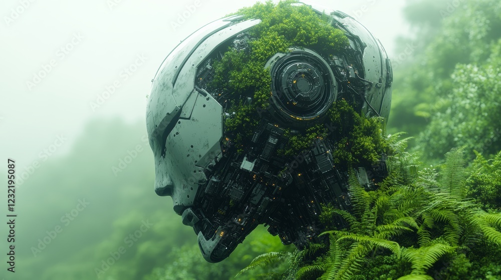 Poster android head covered by vegetation merging with nature in a foggy forest, concept of artificial inte
