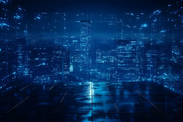 Futuristic city nightscape, digital data overlay