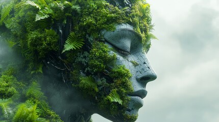 Obraz premium Moss and ferns enveloping a serene face, symbolizing harmony between technology and nature in a conceptual artwork