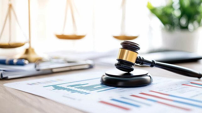 financial data, government building. A gavel rests on a financial report, symbolizing the intersection of law and finance, with scales of justice in the background.