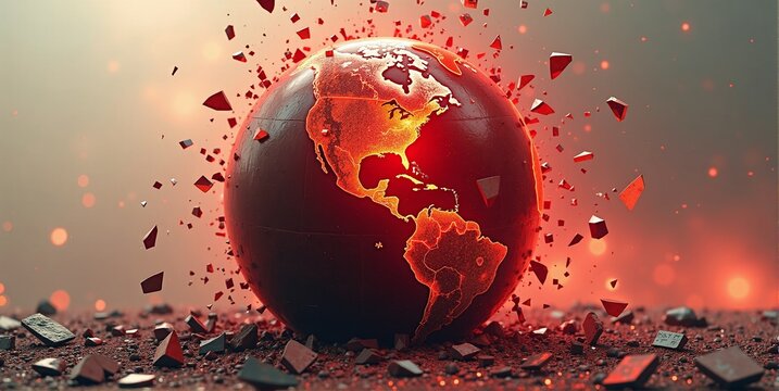 A freestanding globe, shattered and broken, stands alone. Earth's fragmented pieces reveal a world in disarray, symbolizing global crisis