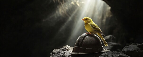 Small yellow canary is perched on old mining helmet in dark cave illuminated by beam of light