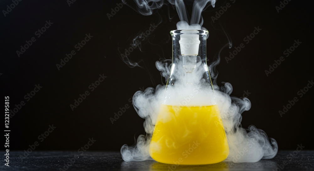 Poster flask with yellow liquid undergoing chemical reaction with smoke. science experiment with flask and 