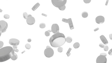white  pills are falling on a transparent background
