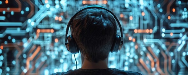 Young man with headphones immersed in virtual reality, exploring a futuristic glowing circuit board, rear view