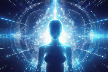 A glowing, futuristic silhouette of a woman radiates light and energy, surrounded by intricate digital networks, symbolizing connection, enlightenment, and technological transcendence
