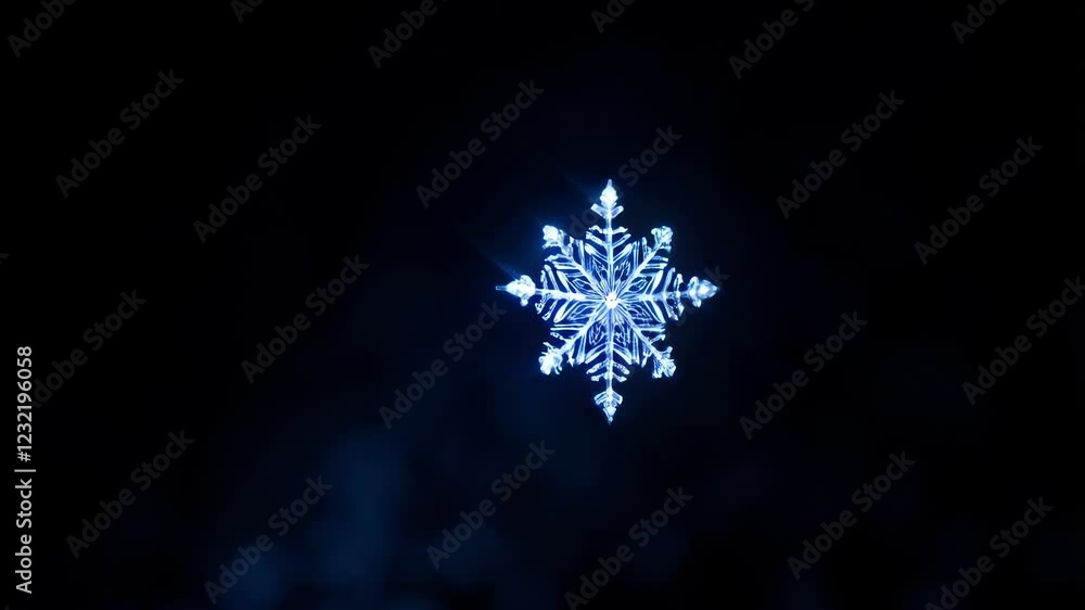 Poster delicate snowflake gently rotating, showcasing intricate crystalline structure against deep dark bac