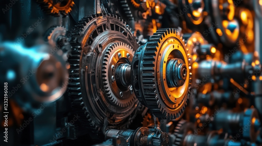 Poster intricate machinery gears and cogs in industrial setting close-up