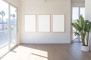 Obraz premium Modern bright empty room with three blank frames, hardwood floor, large windows, and potted plant.