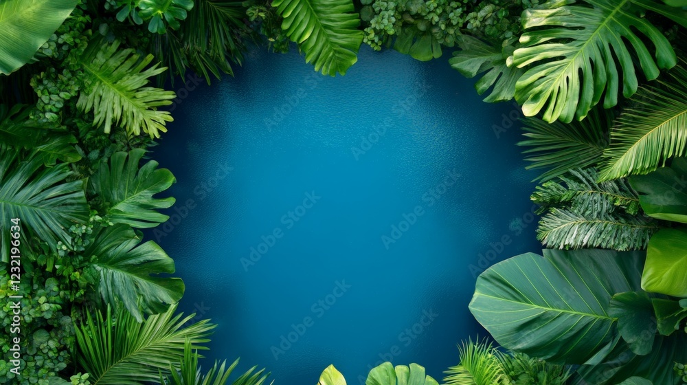 Poster Lush tropical leaves creating a vibrant green border around a serene blue backdrop, offering a refreshing and natural frame enriched with ample copy space for creative use