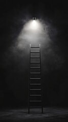 Ladder leads to a lit light bulb in a dark and smoky room, symbolizing the path to knowledge and success