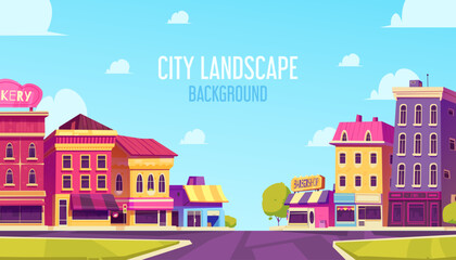 Colorful Cartoon Cityscape with Shops