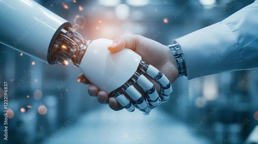 Aufkleber human and robot handshake symbolizing collaboration and innovation