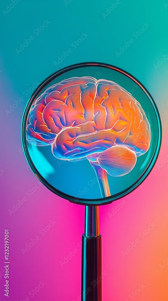 Poster magnifying brain revealing neural networks, scientific research illuminating cognitive processes aga