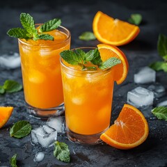 Two refreshing orange cocktails with mint and ice on dark background.